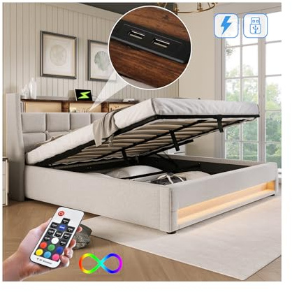 Letto Matrimoniale con Contenitore 180x200 cm con LED e USB, Letto una piazza e mezza con Vano Portaoggetti e Testiera, Contenitore con rete a doghe(Senza Materasso)