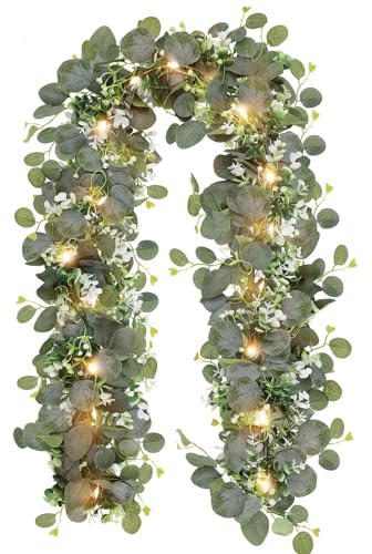 N&T NIETING 1 Pack Artificial Eucalyptus Garland with Lights, 6FT Artificial Greenery Garlands, Battery Operated Twig Vine for Room Stairs Mantle Wedding Holiday Mothers Day Decoration Indoor Outdoor