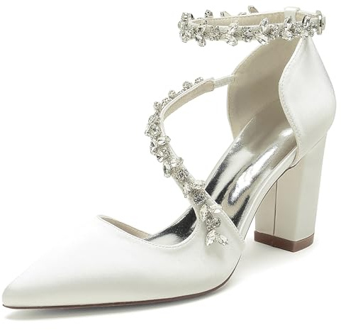 FGRID Scarpe da Sposa Donna con Tacco Alto a Blocchi per la Sposa, Punta Chiusa in Raso Strass Cinturino alla Caviglia décolleté per Feste da Sera Sandali Damigella d'Onore,Avorio,39