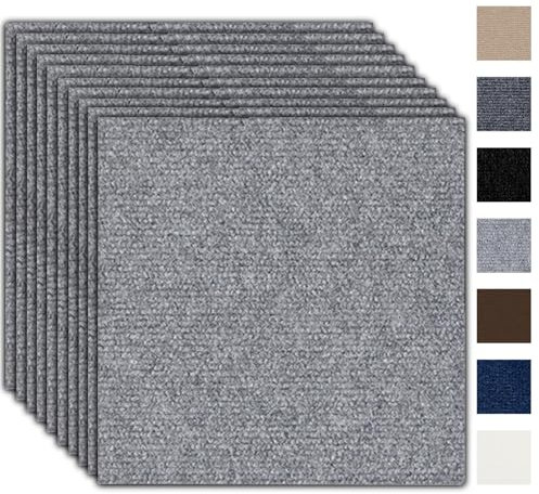 Teppichfliesen 30x30 cm Teppichfliesen Selbstklebend - 10 Stück Set - 0.9m² - Teppichboden, Teppich Fliesen mit Rückendeckung, Strapazierfähiger Teppich Bodenbelag für Haus, Büro, Gewerbe (Hellgrau)