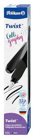 Pelikan Twist Calligraphy, Pluma Estilográfica Ergonómica, para Diestros y Zurdos, Ideal para Escribir y Dibujar, Plumín de 1,5 mm en Acero Inoxidable, Cartucho Azul Largo Incluido, Recargable, Negro