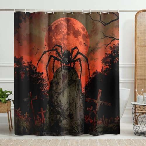 Tenda da doccia con ragno e teschio, stile gotico e nero, per decorazione del bagno, tenda da doccia in tessuto impermeabile spaventosa e spaventosa, con ganci, 183 x 198 cm