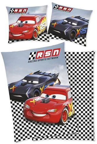 Disney Cars - Auto Bettwäsche 80x80 + 135x200 cm, 100% Baumwolle mit Reißverschluss