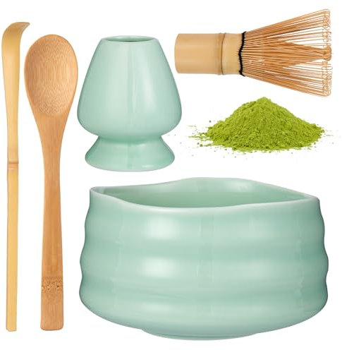 Zanfqvo Te Matcha Kit - Matcha Set 5 Piezas con Chasen Bambu Matcha, 2 Cucharas de Matcha, Porta Batidor y Cuenco te Matcha - Accesorio de Ceremonia de Matcha Japonés (Cian)