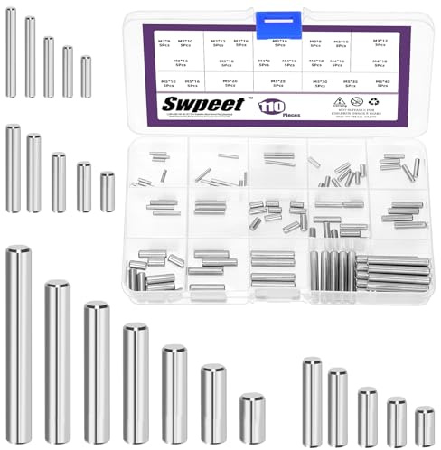 Swpeet Kit assortito di perni cilindrici per mensole, 110 pezzi, M2, M3, M4, M5, in acciaio inox 304, elementi di fissaggio per manutenzione e collegamento (con scatola di immagazzinaggio)