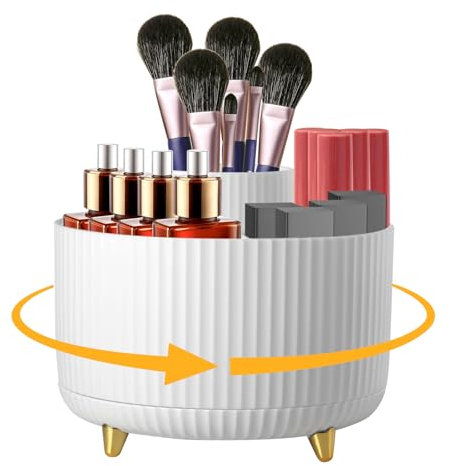 FHISKUNYU Rangement Maquillage Rotatif à 360° - Organisateur Maquillage Grande Capacité avec 5 Compartiments, Design Ouvert, Angles Arrondis, Pour Pinceaux, Rouge à Lèvres, Rangement Coiffeuse Pratiqu