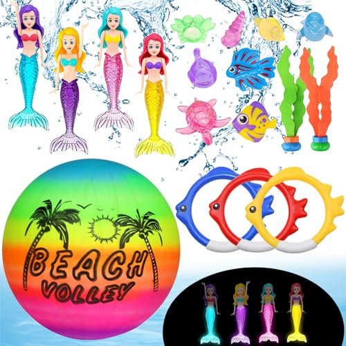 YOUYIKE 20 Stück Tauchspielzeug für Kinder, Unterwasser Tauchspielzeug Set, Tauchringe für Kinder, Nacht Leuchtende Meerjungfrau mit Meerestieren und Edelstein, für Jungen Mädchen ab 5-12 Jahren