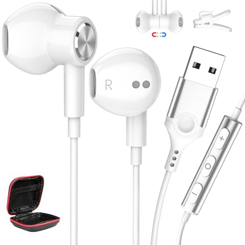 AIAUXAI USB Earbuds with Microphone for PC,USB A Headphones for Computer,7.5Ft laptop Headset Wired Magnetic Noise Cancelling Earphones for HP/Dell/Surface Laptops Computer Work Business Office,White