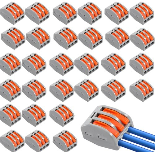 30pcs Wire Connectors, Electrical Connector Blocks, 3 Way Compact Cable Terminals Clips Terminal Block Quick Spring, Lever Nut Assortment Conductor with Clamp 3-Port electrical connectors(30PCS)