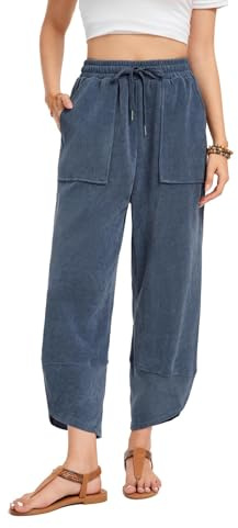 Timuspo Harem Cropped Trousers Women Casual Baggy Wide Leg Capri Pants Palazzo Boho with Pockets Blue M
