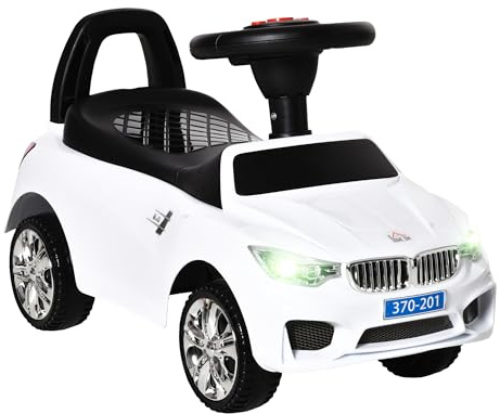 HOMCOM Porteur Enfants Voiture, véhicule à Pousser avec Coffre à Jouets, klaxon, phares et Musique, développe la motricité de Votre Enfant, 18-36 Mois, Blanc
