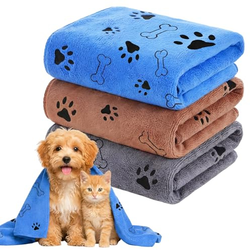 Kyndara 3Pcs Super Absorbent Dog Towels for Dogs, 50 * 105cm Microfiber Dog Drying Towels Paw Print Ultra Soft Quick Dry Pet Towel for Puppies Dogs Bath Rain Travel Indoor Outdoor