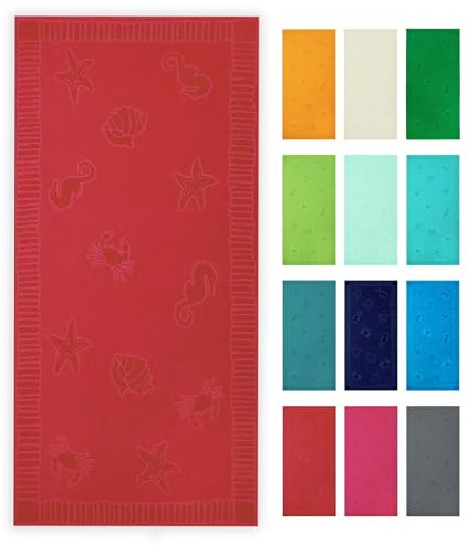 ZOLLNER Strandtuch - hautfreundliches und saugstarkes Handtuch in 100x200 cm - waschbar bis 60°C - Baumwolle in rot - eingewebte Meerestiermotive - Oeko Tex® Zertifiziert