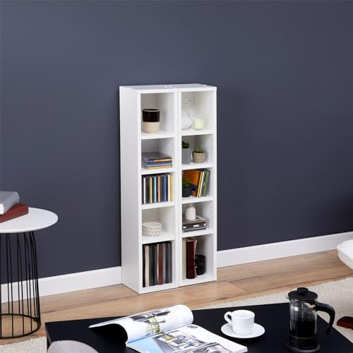 IDIMEX Etagères modulables Musique pour CD, DVD et Livres, Lot de 2 Meubles de Rangement en Colonne, 10 Compartiments, Design Moderne, Pratique, mélaminé Blanc Mat.