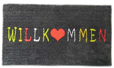 Mikrofaser-Fußmatte 40x70cm / rutschfeste Türmatte mit extra starker Nässe,-Schmutzfunktion/für Haustüre (dunkelgrau - Willkommen bunt)