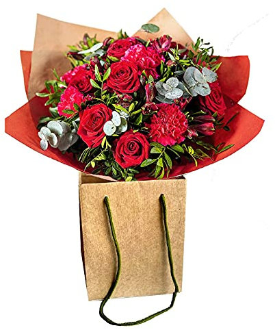 Queen of Roses Fresh Bouquet with Red Roses, Carnations, Eucalyptus in Eco Gift Bag for Romantic Love, Admiration, Respect, Birthday Celebration, Indoor party Decor, Festive Occasions