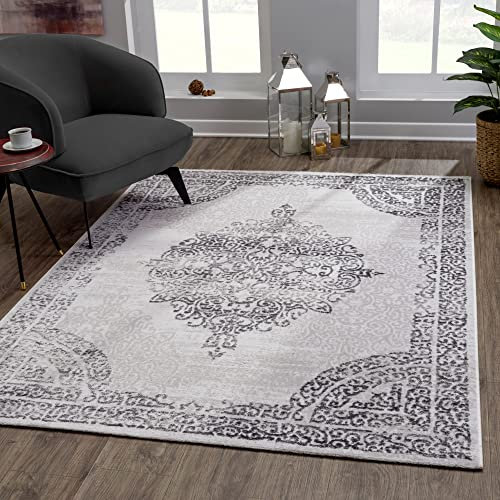 SANAT Evra Teppich für das Wohnzimmer - Kurzflorteppich mit traditionellem Design - geeignet für Wohnzimmer, Flure, Korridore, Esszimmer, Schlafzimmer und Küche - Hellgrau, 160 x 220 cm
