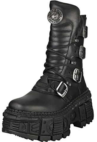 CARAMBAShop NEW ROCK Stövlar Dam Plattform Spänne Blixtlås Svart TANK Metallic Collection Black Woman Boots M.WALL373-S1, Svart, 36 EU