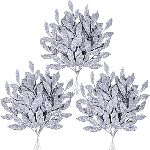 40 Pieces Artificial Silver Glitter Leaf Spray Leaf Picks 13 Tall for Christmas Winter Wedding Wreath Tree Swag Floral Arrangment Vase Bouquets Table Centerpieces Decoration