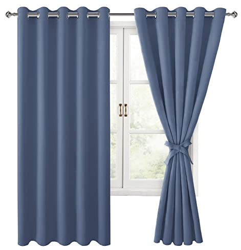 Hiasan Blackout Curtains for Bedroom, 60 x 63 Inches Length - Thermal Insulated & Light Blocking Window Curtains for Living Room/Kids Room, 2 Drape Panels Sewn with Tiebacks, Blue Haze