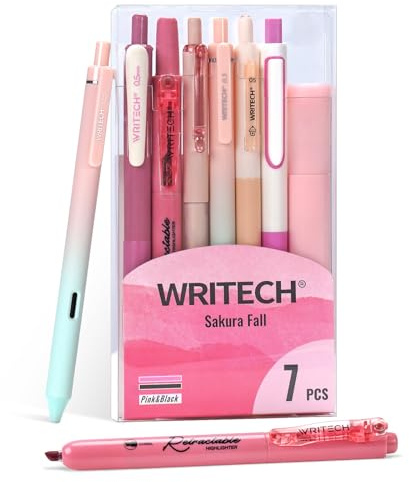 WRITECH Gel Pens Journaling Highlighters: Journal Set Aesthetic Assorted Pastel Color Ink 0.5mm Fine Point Retractable 0.7mm Black Pen Smooth Writing Drawing No Bleed 7ct (Pink)