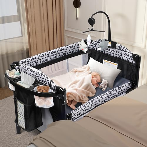 Xilingol 5-in-1 Pack and Play, Baby Bassinet Bedside Sleeper with Diaper Changer, Storage Bag & Music Box, Portable Baby Crib with Carry Bag, Foldable Playard with Bassinet for Newborn to Toddlers