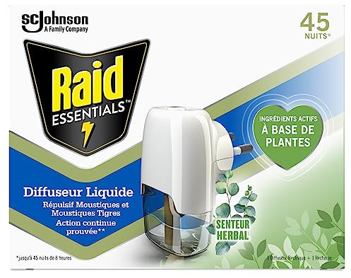 Raid Essentials Prise Anti-Moustiques Électrique Liquide - Répulsif Moustiques et Moustiques Tigres 45 Nuits - Senteur Herbal - 1 Diffuseur + 1 Recharge