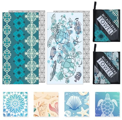 Microfibre Beach Towels for Adults - 2 Pack 180x100cm Lightweight Beach Towel Extra Large, Sand Free & Quick Dry Beach Towel Extra Large for Travel, Swim, Sports(Cube and Turtle)