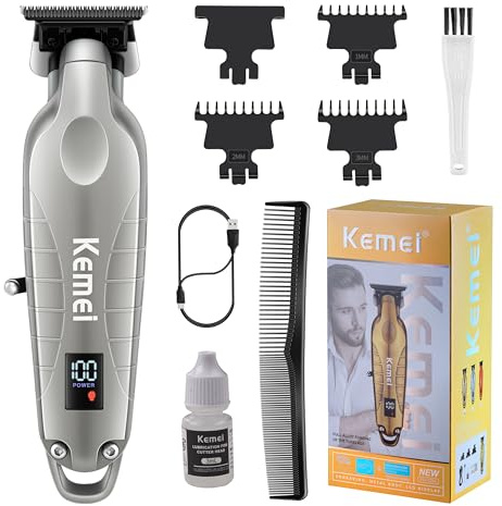 KEMEI 2293 Professional Hair/Beard Trimmer for Men Zero Gapped Hair Clippers for Barber with T Blade, Cordless Rechargeable, Silvery
