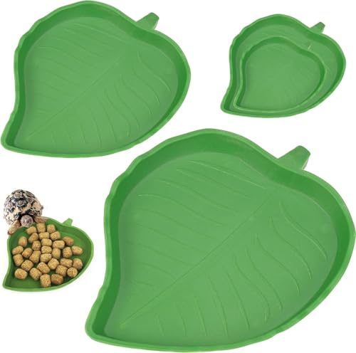2 Pieces Leaf Reptile Food Water Bowl Plate Dish, 12cm/ 15.4cm Tortoise Accessories, Tortoise Water Bowls, Leaf Shape Plastic Reptile Feeder, for Lizards, Hamsters, Snakes or Small Reptiles (Green)