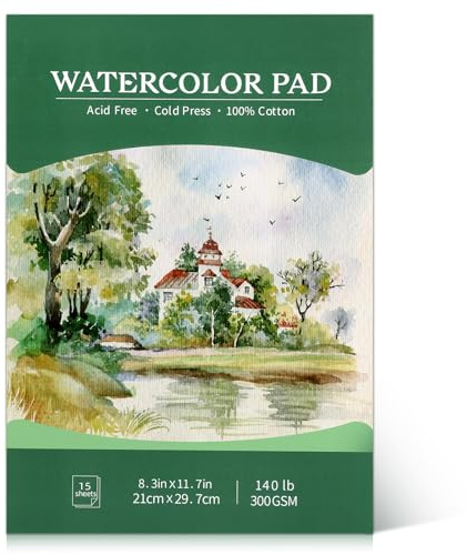 Watercolour Paper Pad A4, 300 GSM Watercolour Watercolour Sketchbook 15 Sheets Cold Press Water Colour Paper for Artist Student, Art Painting, Drawing, Mixed Media