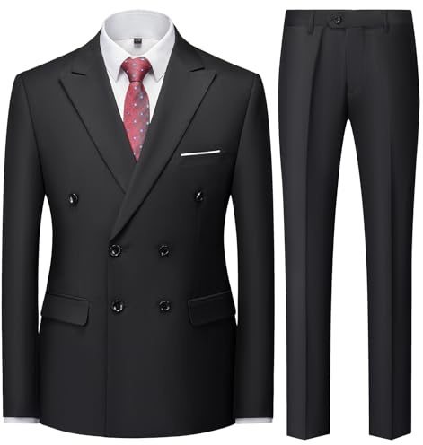 KUDMOL Costume da uomo 2 pezzi da sposa slim fit business a doppio petto a due bottoni tinta unita smoking costume 2 pezzi business, Nero , M