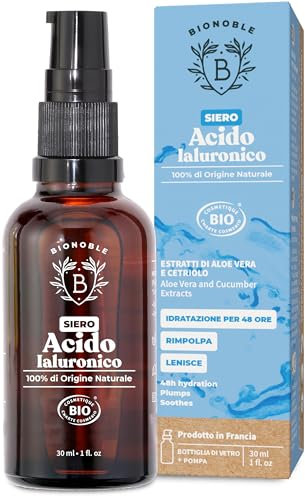 BIONOBLE Hyaluron Serum hochdosiert BIO-zertifiziert - Anti Aging & Anti Falten - 100% natürlichen Ursprungs mit Aloe Vera - Glasflasche mit Pumpe - Hyaluronic Acid Serum Gesicht - 30 ml