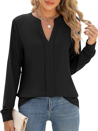 Cuptacc Pull Femme Chic et Élégant Manche Longue Floral Blouse Henley Chemisier Ample Tunique Tops Noir, XL 46-48