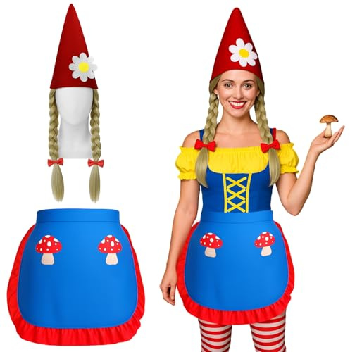 Mepase 2 Pcs Halloween Garden Gnome Costume for Women Gnome Woodland Apron Conical Felt Hats with Tails for Halloween Cosplay Dress up Party Supplies