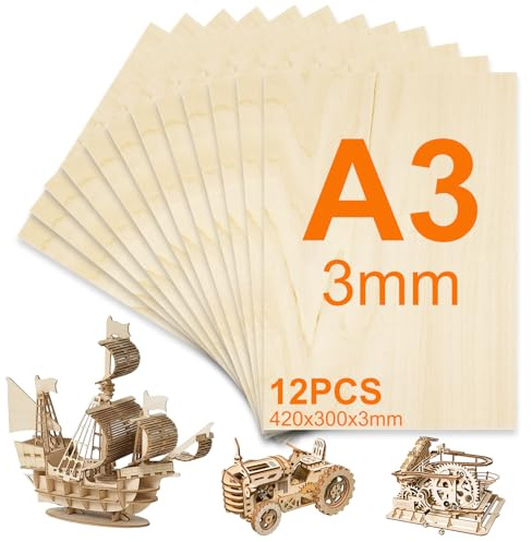 KIMIGO 12 Pezzi Compensato 3mm,Fogli di Tiglio A3,420x300(+/- 2) mm,Legno di Balsa,Tavole di Legno Artigianali,Pannelli per Artigianato,Pirografo per Legnos,Modellismo,Taglio Laser,Decorazione,Pittura