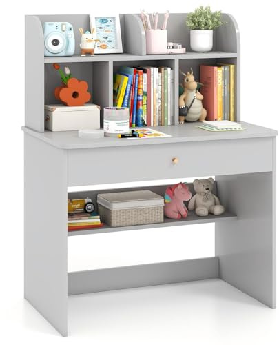 GOPLUS Bureau Enfant, Table Enfant avec Rangement, 5 Étagères Ouvertes et Tiroir Coulissant, Table d'Étude pour Fille Garcon avec Dispositif Anti-basculement, 80x48x102cm (Gris)