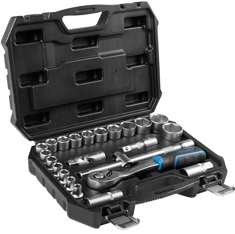 Högert Technik - Set di chiavi a bussola da 24 pezzi da 1/2 pollice con chiave a cricchetto, cricchetto, bussole da 8-32 mm in acciaio CrV in valigetta per officina e garage