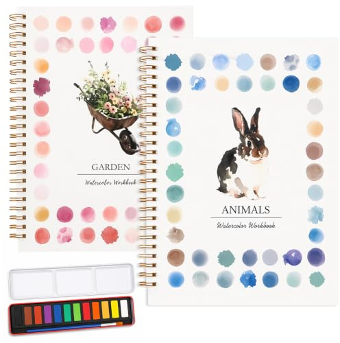 SPOKKI Juego de libro para colorear de acuarela con 2 libros, animales y nuevos motivos de jardín, juego de colores de acuarela con 12 colores, libro para colorear para adultos para relajarse y ser