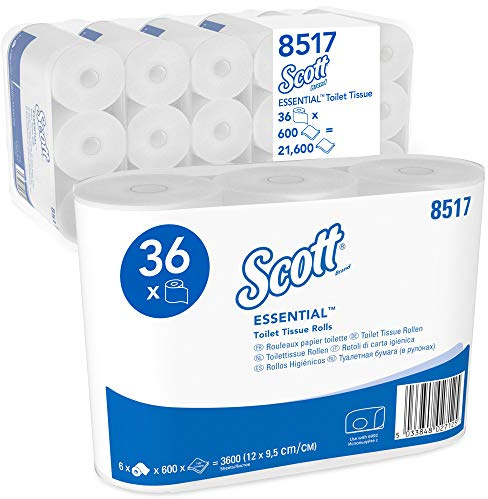 Scott Essential Toilettenpapier, weißes 2-lagiges Klopapier, FSC-zertifiziert und aus recycelten Fasern, 36 Toilettenpapierrollen x 600 Blätter (21.600 Blätter), Artikel-Nr. 8517