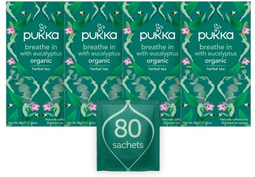 Pukka Herbs | Breathe In Organic Herbal Tea Box | Mint, Eucalyptus, Ginger, Honey | Perfect For Everyday Support | Caffeine Free | 4 Packs | 80 Plant Based Biodegradable Tea Bags