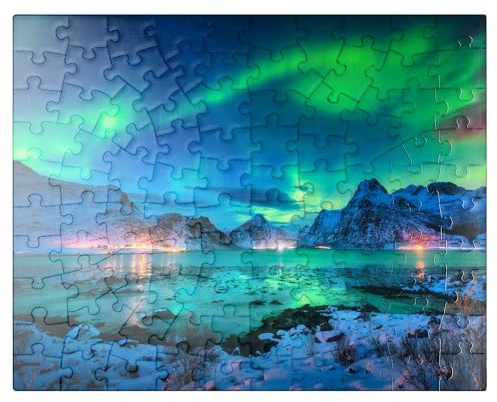 MyPuzzle Aurora Borealis – Northern Lights Over Lofoten, Norway - Premium 100 Piece Jigsaw Puzzle for Adults