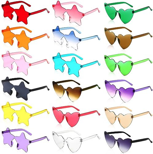MOYKSRR 18 Occhiali Stella/Cuore, Occhiali da Festa Occhiali da Sole, Occhiali da Hippie Senza Montatura, Puntelli per Cabine Fotografiche per Bomboniere Trasparenti per Feste di Addio al Nubilato