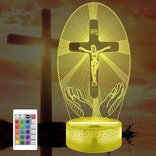 Lampada da tavolo 3D Attivolife con croce di Gesù, illusione ottica cristiana a ologrammi con 16 colori cangianti + telecomando + timer, decorazione per la casa, regalo di festa della mamma