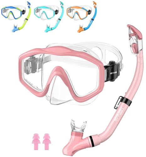 HiiPeak Snorkeling Gear for Kids, Goggles with Nose Cover Kids Snorkel Set for Ages 6-14, Dry Top Snorkeling Gear and Snorkel Set Perfect for Swimming Pool Floats (Pink)