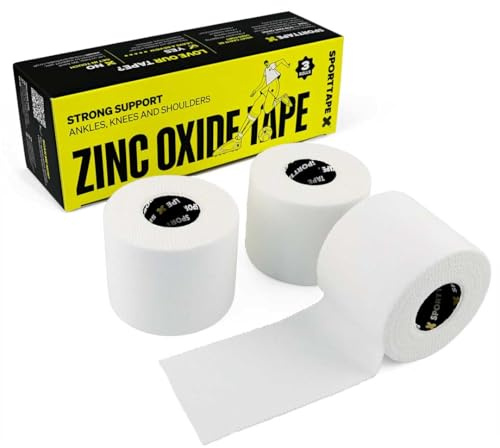 SPORTTAPE Zinkoxid Sporttejp 3 rullar 5,0 cm x 10 m – Vit tejp för leder och sportskador | Rivbar och oelastisk atletisk tejp för att förebygga skavsår | För boxning, rodd, rugby och träning