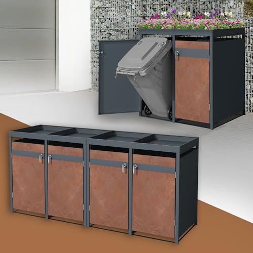 ML-Design Box pour 4 Poubelles avec Toit Végétal, jusqu'à 240L, 264x80x124 cm, Acier/Acier Corten, Anthracite/Aspect Rouillé, Résistant aux Intempéries, Habillage Verrouillable, Conteneur Abri