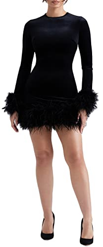 Women's Long Sleeve Bodycon Mini Dresses Elegant Feather Trim Tight Fluffy Dress Night Out Party Cocktail Evening Dress (A-Black, S)
