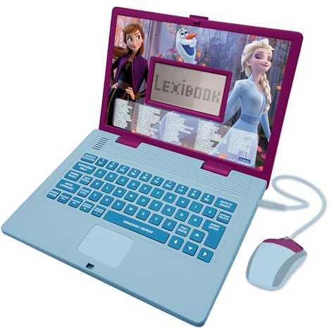 LEXIBOOK, Disney Frozen, Bilingual ENGLISH/CZECH Educational Computer, Toy for children with 124 language, writing, maths, logic, music activities and games, Purple/Blue, JC598FZi12