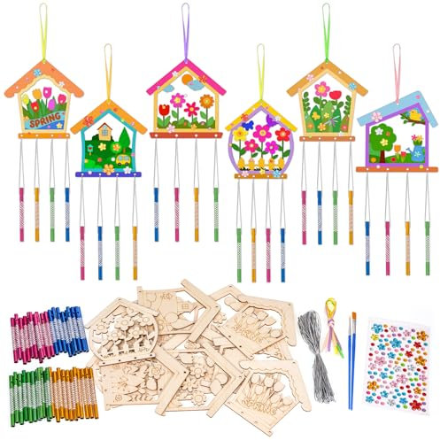 OOTSR Lot de 12 carillons à vent pour enfants, carillons éoliens en bois art et artisanat pour jardin, intérieur et extérieur, décoration printanière